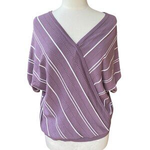 A&I Faux Wrap Pointelle Knit Stripe Sweater Purple Dolman Sleeve Lagenlook-L
